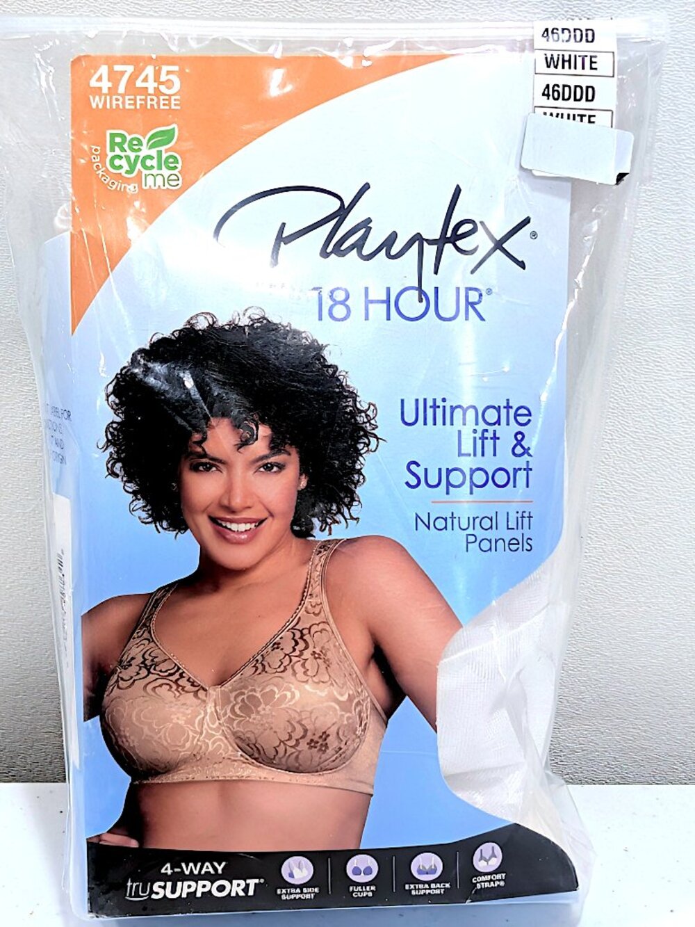 Playtex 18 Hour 46DDD White Wireless Lift and Support Bra 4745